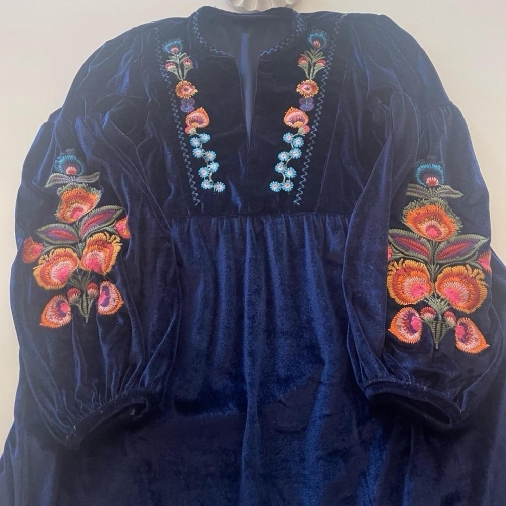 Elegant Blue Velvet Dress with Floral Embroidery